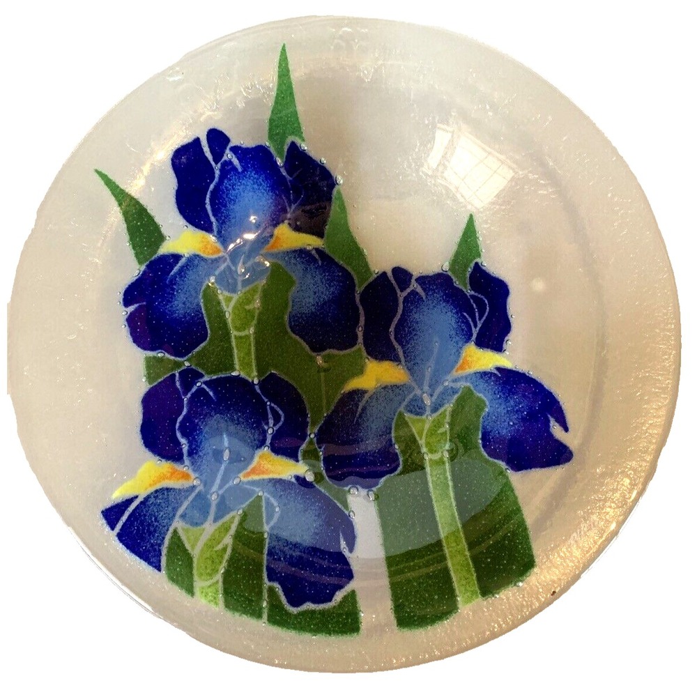 PEGGY KARR bowl Fused Glass art cobalt blue iris flower 10 5/8" diameter signed